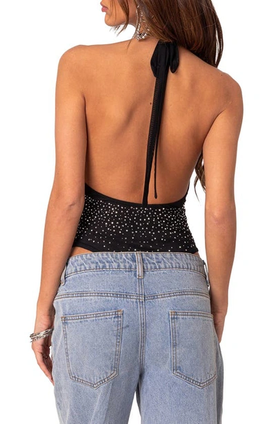 Shop Edikted Rhinestone Mesh Halter Bodysuit In Black