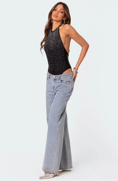 Edikted Women's Open Back Mesh Rhinestone Bodysuit In Black