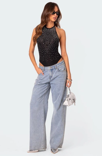 Edikted Women's Open Back Mesh Rhinestone Bodysuit In Black