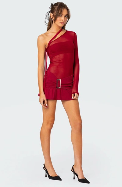 Shop Edikted One-shoulder Sheer Mesh Minidress In Red