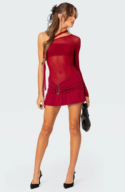 Shop Edikted One-shoulder Sheer Mesh Minidress In Red
