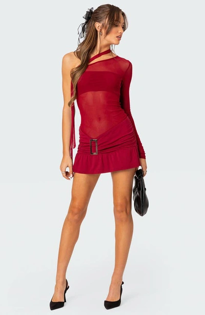 Edikted Women's One Shoulder Sheer Mesh Mini Dress In Red