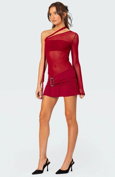 Shop Edikted One-shoulder Sheer Mesh Minidress In Red