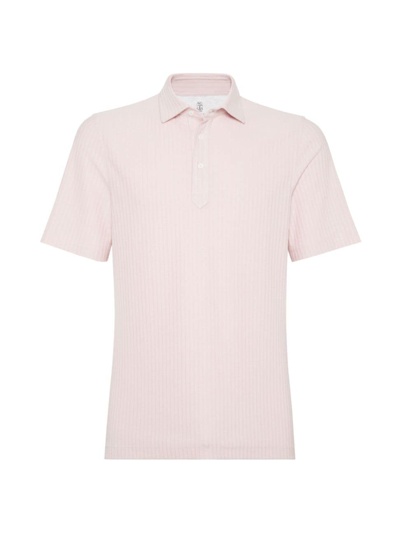 Shop Brunello Cucinelli Men's Textured Piqué Polo With Shirt Style Collar In Pink