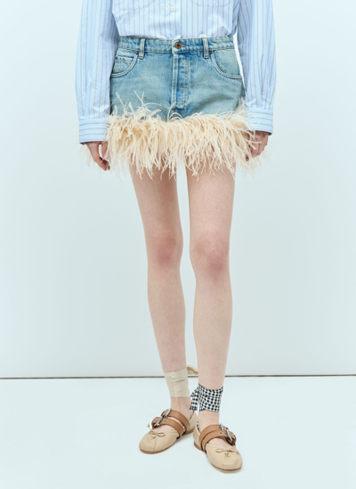 Shop Miu Miu Feather-trimmed Denim Mini Skirt In Blue