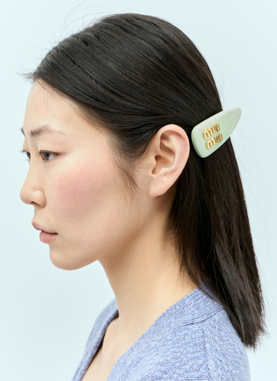 Shop Miu Miu Patent Leather Logo Plaque Hair Clip In Green
