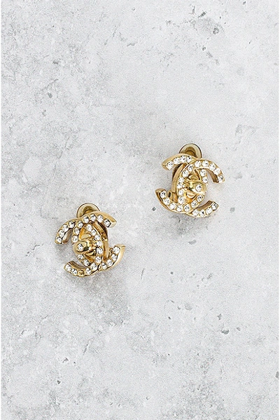 Pre-owned Chanel Coco Mark Rhinestone Earrings In Gold