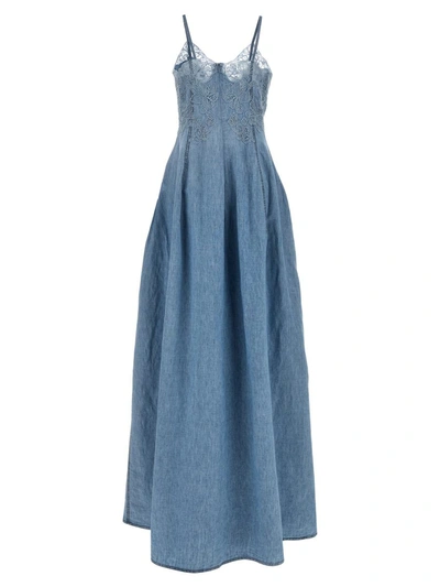Shop Ermanno Scervino Lace And Denim Dress In Blue