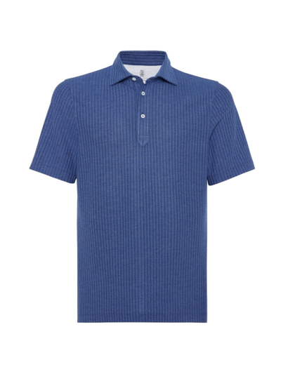 Shop Brunello Cucinelli Men's Textured Piqué Polo With Shirt Style Collar In Denim Blue