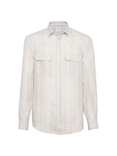 Shop Brunello Cucinelli Men's Fancy Stripe Easy Fit Shirt In Pearl Grey