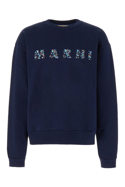 Shop Marni Logo Printed Crewneck Sweatshirt In Blue