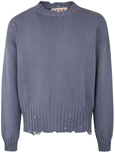 Shop Marni Distressed Crewneck Sweater In Blue