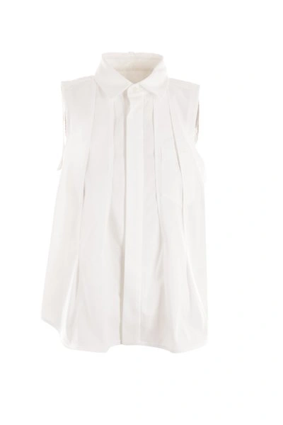 Shop Sacai Pleated Flared Hem Sleeveless Shirt In White