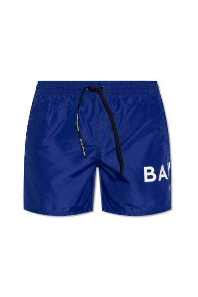 Shop Balmain Logo Printed Swim Shorts In Blue