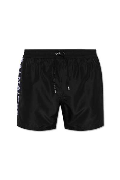 Shop Balmain Logo Printed Swim Shorts In Black