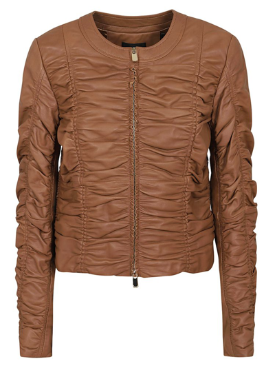 Shop Pinko Ruched Detail Leather Jacket In Brown
