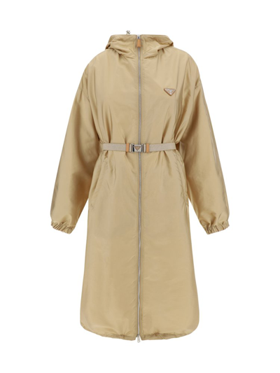 Shop Prada Belted Hooded Raincoat In Beige