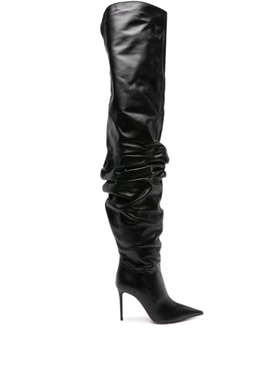 Shop Amina Muaddi Thigh High Leather Heel Boots In Black