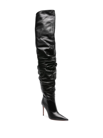 Shop Amina Muaddi Thigh High Leather Heel Boots In Black