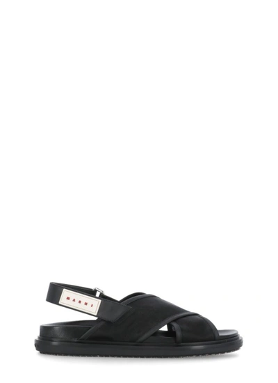 Shop Marni Black Leather And Tech Fabric Sandals