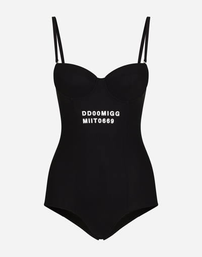 Shop Dolce & Gabbana One-piece Balconette Swimsuit With Dgvib3 Print In Black
