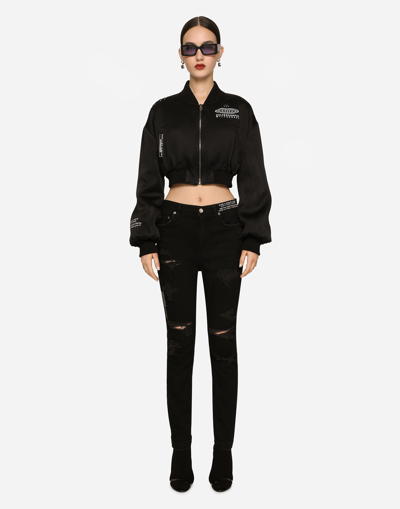 Shop Dolce & Gabbana Short Satin Bomber Jacket With Dgvib3 Print In Black