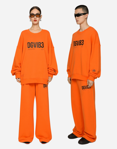 Shop Dolce & Gabbana Jersey Sweatshirt With Dg Vib3 Print And Logo In Orange