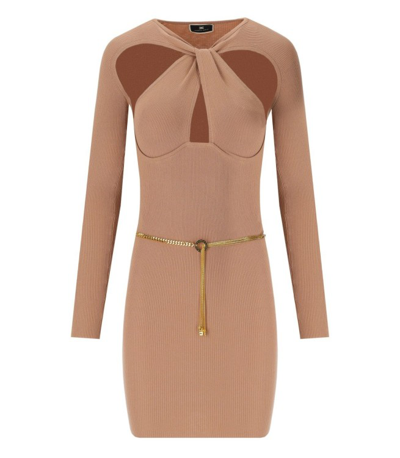 Shop Elisabetta Franchi Nude Knitted Dress With Twist Neck In Brown
