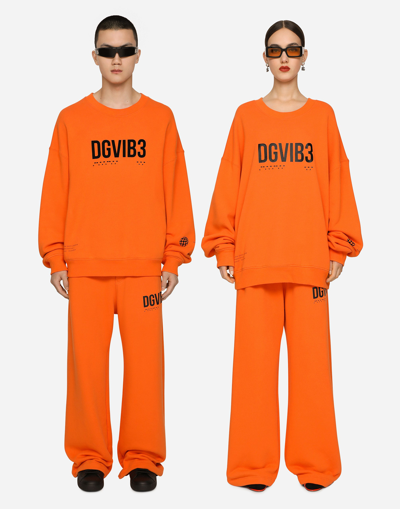 Shop Dolce & Gabbana Cotton Jersey Round-neck Sweatshirt With Dgvib3 Print In Orange