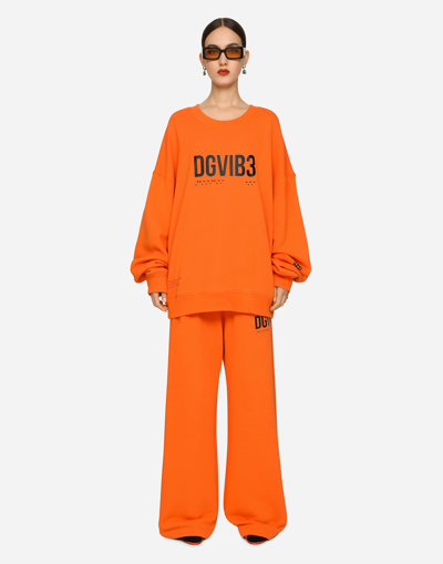 Shop Dolce & Gabbana Cotton Jersey Round-neck Sweatshirt With Dgvib3 Print In Orange