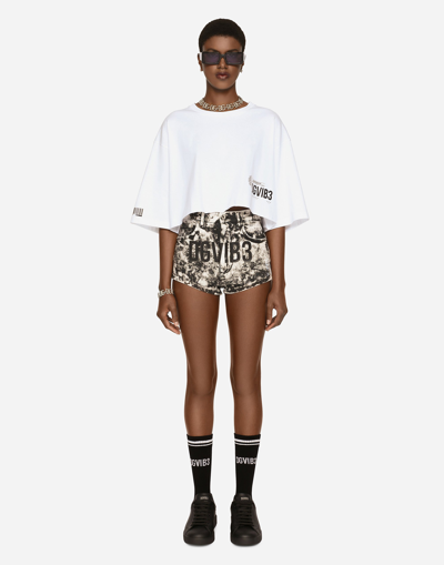 Shop Dolce & Gabbana Cropped Short-sleeved Cotton Jersey T-shirt With Round Neck In White