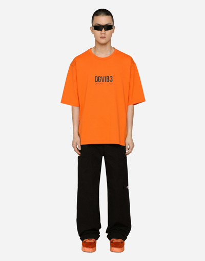 Shop Dolce & Gabbana Cotton Jersey T-shirt With Dg Vib3 Print And Logo In Orange