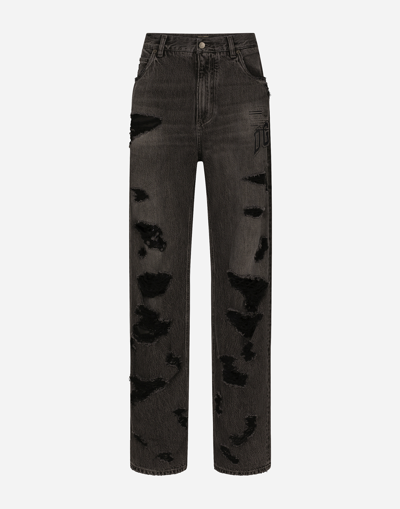 Shop Dolce & Gabbana Wide-leg Denim Jeans With Ripped Details And Abrasions In Multicolor