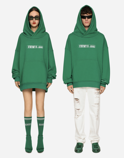 Shop Dolce & Gabbana Oversize Cotton Jersey Hoodie With Dgvib3 Print In Green