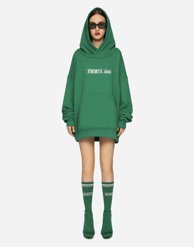 Shop Dolce & Gabbana Oversize Cotton Jersey Hoodie With Dgvib3 Print In Green