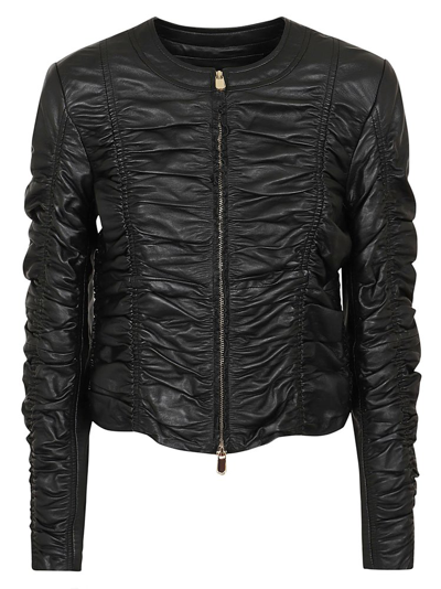 Shop Pinko Ruched Detail Leather Jacket In Black