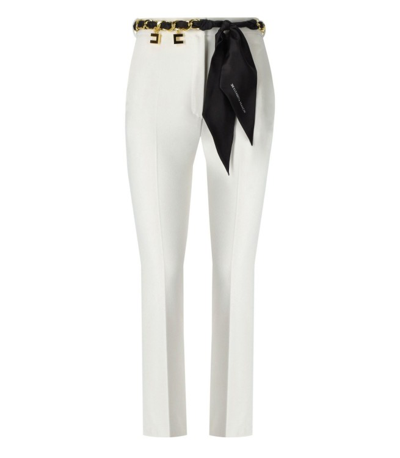 Shop Elisabetta Franchi Ivory Flare Trousers With Foulard Belt In White