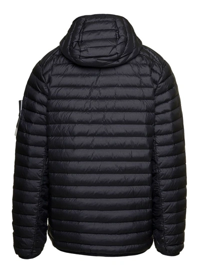 Shop Stone Island Black Down Jacket With Side Logo Patch In Nylon