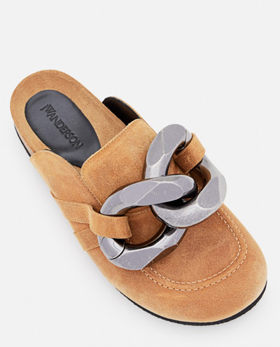 Shop Jw Anderson Suede Leather Loafers With Chain ​​detail In Neutrals