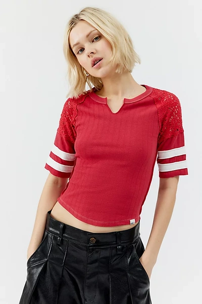 Shop Bdg Tatum Crochet Notch Neck Tee In Red, Women's At Urban Outfitters