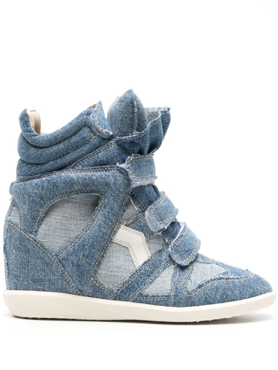 Shop Isabel Marant Bekett Denim Wedge Sneakers - Women's - Rubber/pig Leather/cotton/calf Leather In Blue