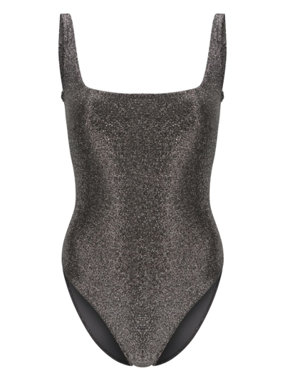 Form And Fold Square-neck Glitter Swimsuit In Silver