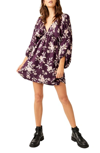 Shop Free People Portia Floral Long Sleeve Babydoll Minidress In Black Cherry Combo