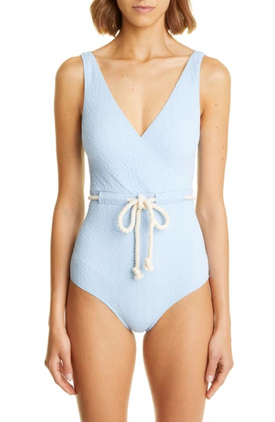 Shop Lisa Marie Fernandez Yasmin Belted Seersucker One-piece Swimsuit In Vintage Blue Seersucker