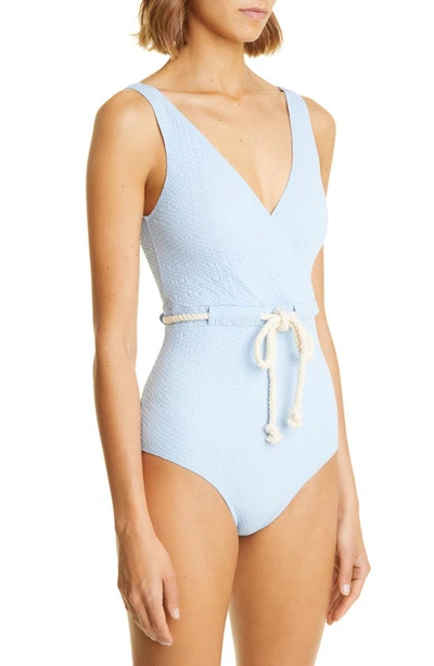 Shop Lisa Marie Fernandez Yasmin Belted Seersucker One-piece Swimsuit In Vintage Blue Seersucker