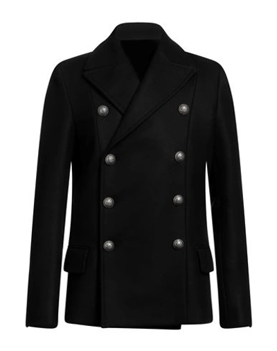 Shop Balmain Man Coat Black Size 40 Virgin Wool, Polyamide