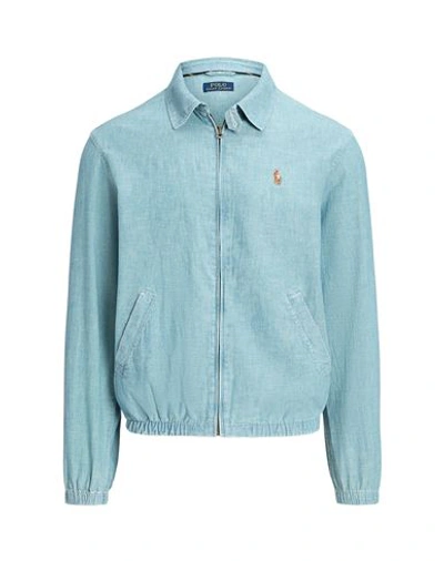 Shop Polo Ralph Lauren Bayport Chambray Jacket Man Jacket Light Blue Size L Cotton
