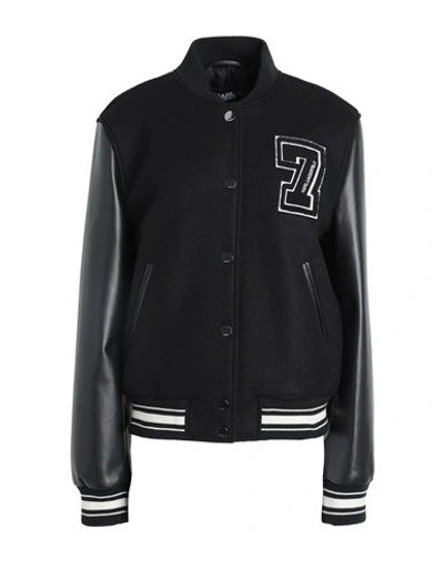 Shop Karl Lagerfeld Wool & Leather Varsity Bomber Woman Jacket Black Size 8 Wool, Lambskin