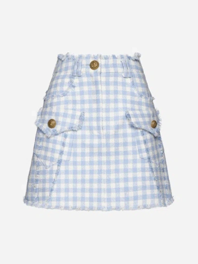 Shop Balmain Vichy Tweed Miniskirt In Light Blue,white