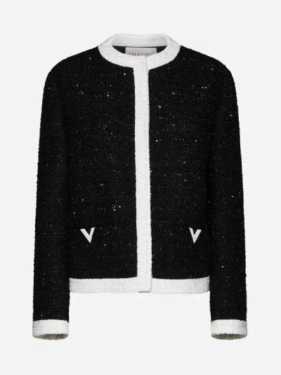 Shop Valentino Lurex Tweed Jacket In Black,ivory